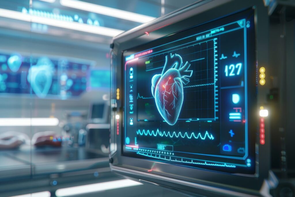 High-tech cardiac monitor displaying real-time heart rhythm data