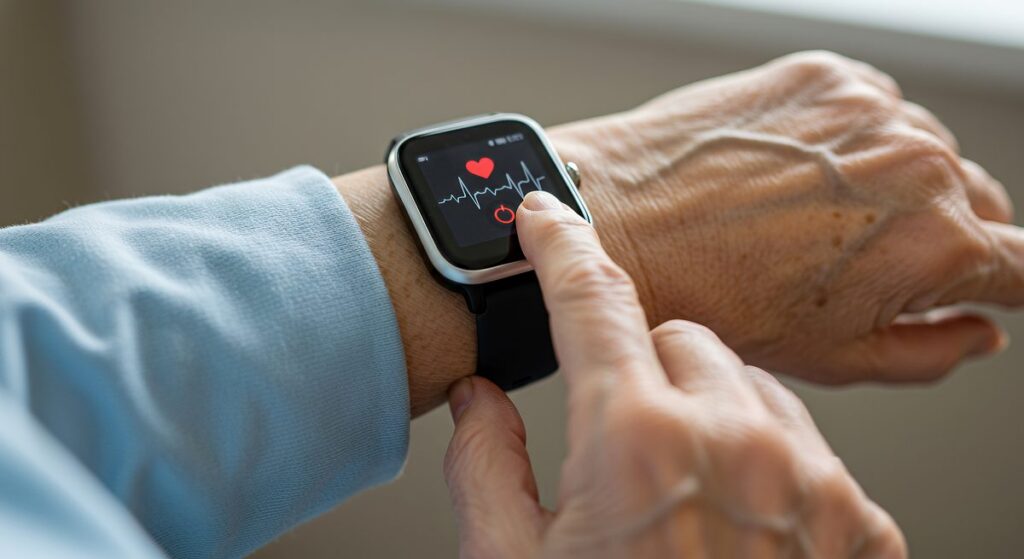 Patient using a wearable smartwatch to remotely monitor their heart rhythm